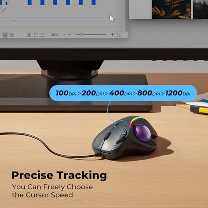 Wired Trackball Mouse with RGB Lighting, Ergonomic Thumb Control to Reduce Muscle Strain, 5 Adjustable DPI, Dual USB-C & USB-A Connectivity, Compatible with PC, Laptop, Mac, Windows-Purple - color: B-Purple