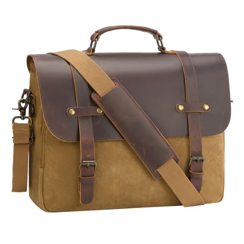 Mens Messenger Bag Waxed Canvas Laptop Briefcase 16“ Vintage Genuine Leather Crossbody Bags Waterproof Satchel Shoulder Bag - color: Khaki