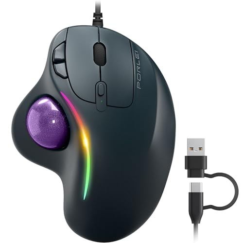 Wired Trackball Mouse with RGB Lighting, Ergonomic Thumb Control to Reduce Muscle Strain, 5 Adjustable DPI, Dual USB-C & USB-A Connectivity, Compatible with PC, Laptop, Mac, Windows-Purple - color: B-Purple
