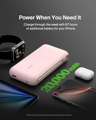Belkin 20000mAh 30W USB C Power Bank, Portable Charger for iPhone & iPad | Fast Charging, Integrated USB C Cable, Eatra USB C Port, iPhone 17, iPad, Samsung Galaxy S26, Charge 2 Devices - color: Pink, style: 20K mAh