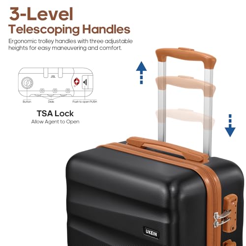 UKEIN Luggage Set with Backpack,Hardshell Carry On Luggage Airline Approved | 20inch Suitcase Set with 360° Smooth Spinner Wheels,TSA Lock,YKK Zippers,Lightweight 3 Piece,Polycarbonate - color: Black, size: Carry On 3 Piece Set (20inch)