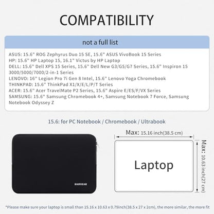 RAINYEAR 15.6 Inch Laptop Sleeve Case Compatible with 15.6 Inch Computer Chromebook PC Notebook Ultrabook, Protective Soft Padded Lightweight Laptop Carrying Bag Cover, Black - color: Black, size: 15.6 Inch