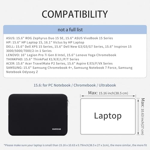 RAINYEAR 15.6 inch Laptop Sleeve Case Soft Padded Carrying Bag, Black | Protective Soft Lining Padded Computer Zipper Carrying Cover Bag Compatible with 15.6 Inch Laptop Computer PC Notebook - color: Black, size: 15.6 Inch