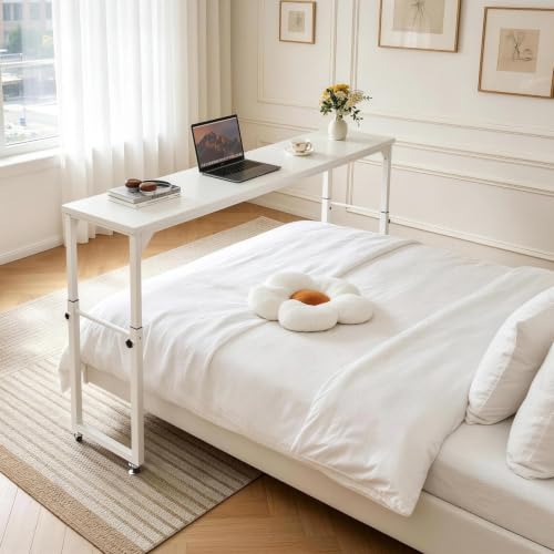 Aibiju Overbed Table with Wheels, Bed Desk with Adjustable Height, Rolling Table, Laptop Table, Recliner Desk, for Bedroom, Living Room, Office, White YD-BT001W - color: White