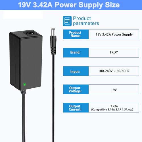 19V DC Power Supply, 19V 3.42A Laptop Charger, LCD Monitor Power Cord. | 19Volt Adapter with 10 Tips, fit for 19 Volt Acer Asus Lenovo Gateway Toshiba Laptop, 19Vdc Samsung LG TV Monitor.