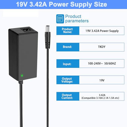 19V DC Power Supply, 19V 3.42A Laptop Charger, LCD Monitor Power Cord. | 19Volt Adapter with 10 Tips, fit for 19 Volt Acer Asus Lenovo Gateway Toshiba Laptop, 19Vdc Samsung LG TV Monitor.