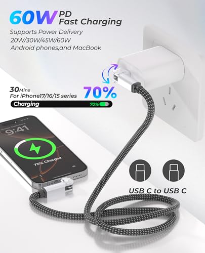 90 Degree USB C Cable Swivel Cord with 180° Rotating Head - 6.6FT Nylon Braided USB C to USB C Charger Cord with 60W Fast Charging, Data Sync, Apple Carplay for iPhone 17/16/15, iPad, Galaxy, Mac