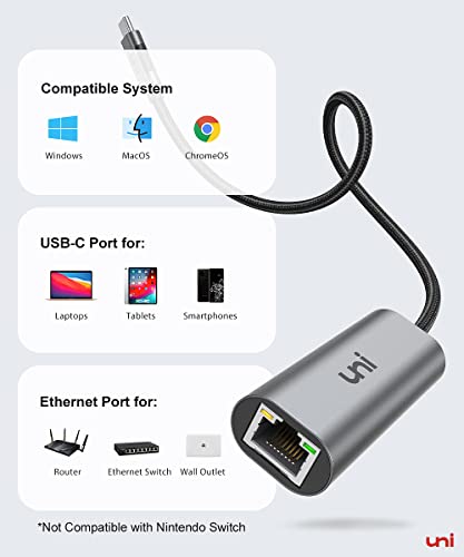 uni USB-C to Ethernet Adapter, 2.5 Gigabit Network Adapter [Thunderbolt 4/3 Compatible], USB 4 to Adapter 2.5Gbps, for MacBook Pro 2023 / Air 2022, Mac mini M2, Dell XPS, and More