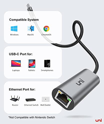 uni USB-C to Ethernet Adapter, 2.5 Gigabit Network Adapter [Thunderbolt 4/3 Compatible], USB 4 to Adapter 2.5Gbps, for MacBook Pro 2023 / Air 2022, Mac mini M2, Dell XPS, and More