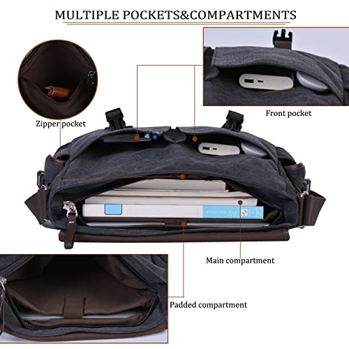 15.6 Inch Laptop Messenger Bag for Men Women, Canvas Computer Shoulder Bag, Work Briefcase for Business College Travel | Anti-theft Design - color: Black