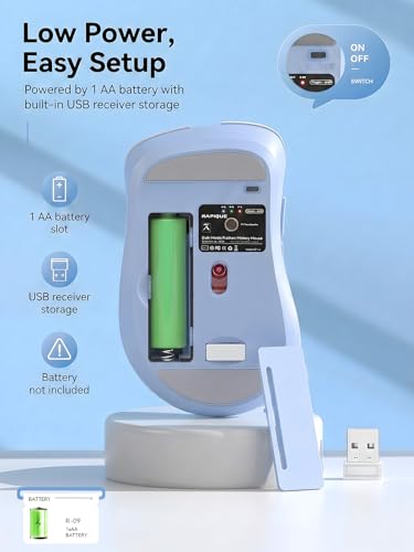 RAPIQUE Bluetooth Wireless Mouse, Dual Bluetooth & 2.4GHz, Light Blue | Quiet Clicks, Right-Hand Ergonomic 6 Button, Adjustable DPI, AA Battery, 3-Device Switching for Laptop, PC, Mac, Tablet - color: Light Blue