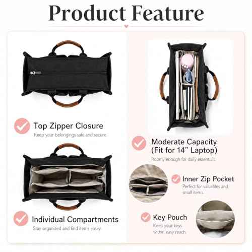 Canvas Tote Bag for Women Lightweight Handbag with Multi Pockets & Adjustable Strap Bible Bag for Daily Use Work - color: Black