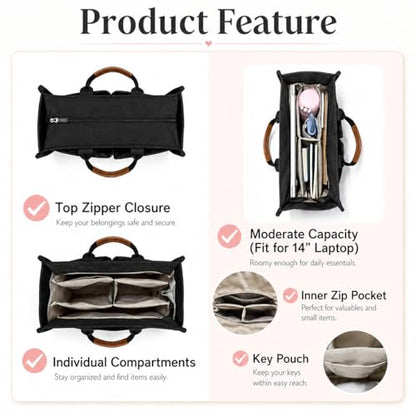 Canvas Tote Bag for Women Lightweight Handbag with Multi Pockets & Adjustable Strap Bible Bag for Daily Use Work - color: Black