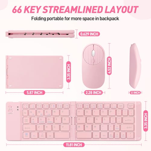 Mini Rechargeable Foldable Bluetooth Keyboard and Mouse Combo, Portable (Sync Up to 3 Devices), Ultra-Slim Travel Folding Keyboard for iPhone iPad Mac Android Windows iOS（Pink） - color: pink