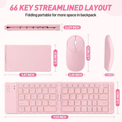 Mini Rechargeable Foldable Bluetooth Keyboard and Mouse Combo, Portable (Sync Up to 3 Devices), Ultra-Slim Travel Folding Keyboard for iPhone iPad Mac Android Windows iOS（Pink） - color: pink