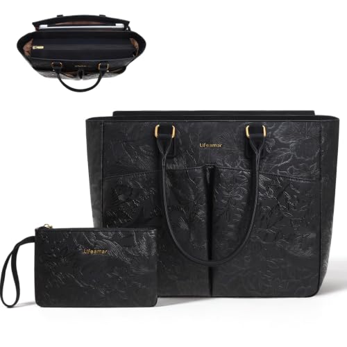 Laptop Tote Bag for Women, Leather Work Tote with Padded Laptop Compartment, Cup Holder, Office Computer Briefcase - color: Embossed Jet, size: 15.6inch