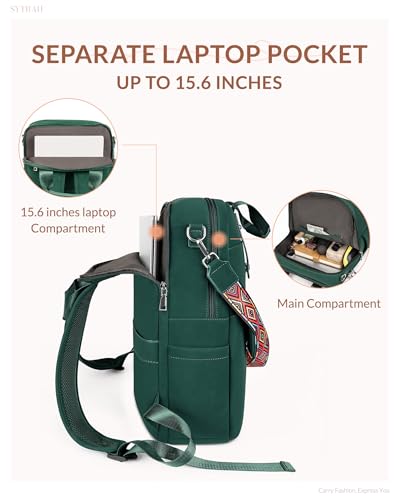 Leather Laptop Backpack 15.6 inch Womens Computer Bag Green | 3-in-1 laptop purse: Dedicated 15.6" Compartment, 7-Pocket Organizer, Colorful Shoulder Strap, Work & Travel Ready - color: Green