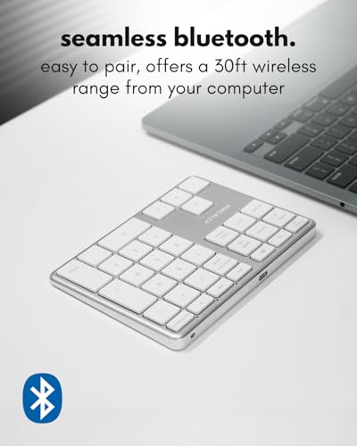 Macally Bluetooth Number Pad for Laptop - Rechargeable Wireless Numeric Keypad - Slim 35 Key Wireless Number Pad Keyboard for Data Entry, 10 Key Numpad Compatible with Mac, MacBook, iPad, PC, Windows - color: Silver
