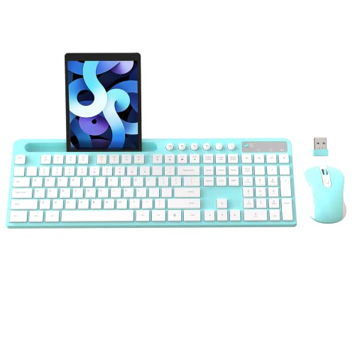 Wireless Keyboard and Mouse Combo, MARVO 2.4G Ergonomic Wireless Computer Keyboard with Phone Tablet Holder, Silent Mouse with 6 Button, Compatible with MacBook, Windows (Blue) - color: Blue