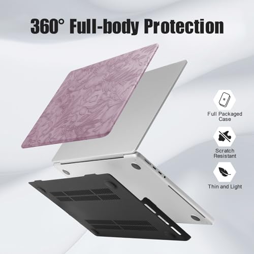 DTangLsm for MacBook Air 15 inch Case 2026 M5 2025 2024 2023 M4 M3 M2 Chip | Model A3448 A3241 A3114 A2941, Elegant Textured Retro Leather Hard Shell Mac Air 15 inch Laptop Case & Keyboard Cover, Lilac - color: Embossed Floral Lilac