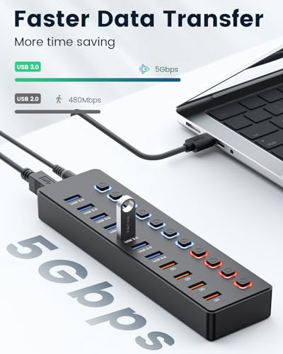 Powered USB Hub 11 Port USB 3.0 Splitter with 7 Data Ports + 4 Smart Charging Ports, Individual On/Off Switches & LED Indicators, Includes 36W Power Adapter for Mac PC Laptop