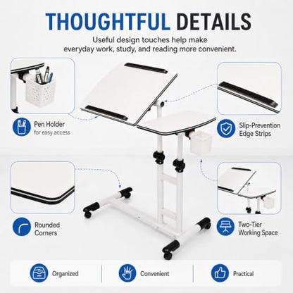 Mobile Standing Desk Adjustable Height, Rolling Laptop Desk with Tilting Desktop, Portable Overbed Table on Wheels, Small Computer Writing Desk for Home Office, Bedside, Sofa, Side Table, White