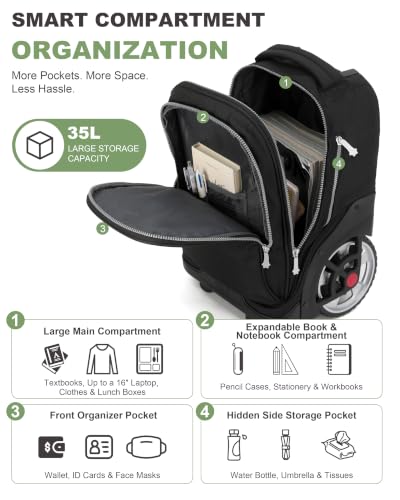 NEW TILAMI 19 Inch Rolling Backpack with Lunch Bag School Stair-Climbing | Stair-Climbing Teen Boys Girls Carry-on Suitcase Large Compartment 15.6 Laptop Sleeve Adjustable Handle Roller Travel Bag - color: Black