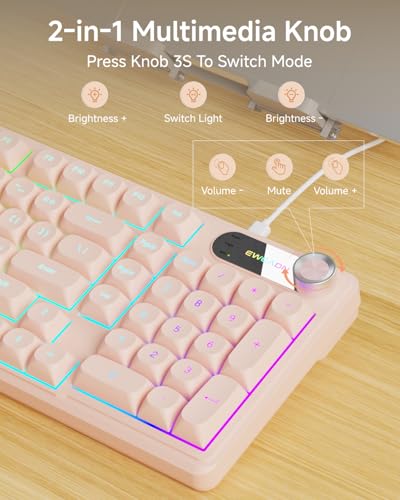 EWEADN Wired Keyboard and Mouse Combo with Detachable Wrist Rest, Quiet Ergonomic Keyboard Mouse Set with Multimedia Knob, RGB Backlit, Double-Shot Keycaps Natural Typing for Laptop, PC - Peach - color: Peach