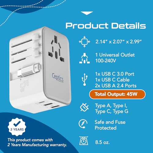 Ceptics 5 in 1 International Travel Adapter with PD 45W Retractable USB-C Cable 65cm, 2X USB-A 2.4A, 1x USB-C 3A, Travel Adapter Worldwide for Laptop, Phones and Cameras for US, EU, UK, UP-45WC-WH - color: White/Silver