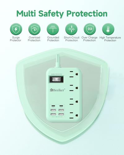 6 USB(2 USB C) Green Travel Power Strip 4 Outlets 5Ft Green Extension Cord | 5FT Green Extension Cord,2 USB C Charging Station,4 Outlets,Cute Desk Accessories,Switch,Kawaii Home Office College Dorm,24W - size: 5 FT(Green-24W USB-980J)