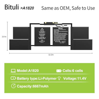 A1820 A1707 Battery for MacBook Pro 15 inch A1707 (Late 2016 Mid 2017) Touch Bar EMC 3162 3072 Series MLH32LL/A MLH42LL/A MLW72LL/A MLW72HN/A MLW82LL/A MPTR2LL/A MPTT2LL/A - color: A1820