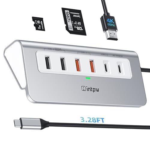 USB C Hub, P9 PRO USB C Hub Multiport Adapter with 4K HDMI, PD 100W, Type-C & 2 USB A 3.2 10Gbps, 2 USB A 2.0, SD/TF Card Reader, Aluminum USB Hub for Laptop, iPhone 17 Series, MacBook, iPad - color: Silver White, size: 3.28ft