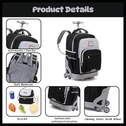 18 Inch Black Rolling Backpack for Kids, Black Climb Stairs Rolling Backpack Carry On Wheeled School Backpack, Spacious Multiple Compartments Quiet Wheels Travel Backpack for Boys