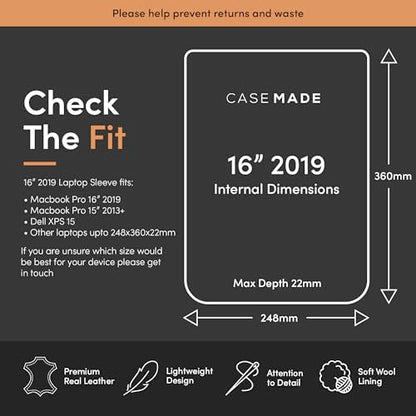 Casemade Real Leather Laptop Sleeve for MacBook Pro & Air Fits 13, 14, 15 & 16 Inch - Genuine Full Grain Leather with Soft Wool Lining (16-inch - 2019) - color: Tan, size: 16" 2019