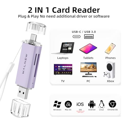 WALNEW SD Card Reader, USB 3.0 & USB-C SD/TF Memory Card Adapter | Supports UHS-I SD/SDHC/SDXC/MicroSD, Compatible with MacBook, PC, iPad, iPhone 15, Samsung Galaxy Android - color: Purple