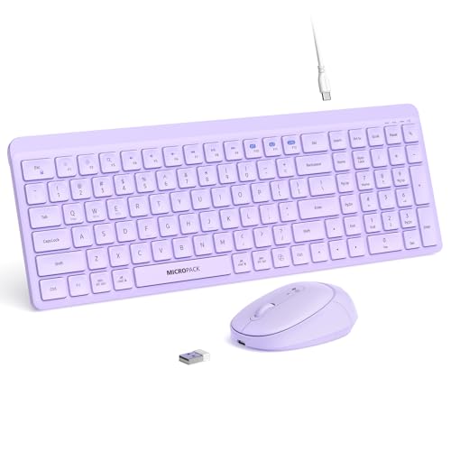 Purple Wireless Keyboard and Mouse Combo for Desktop Mac iPad Bluetooth 2.4 Ghz Rechargeable Slim Silent Click with Number Pad Compatible with Pc, Laptop, Tablet (Purple) - color: Purple