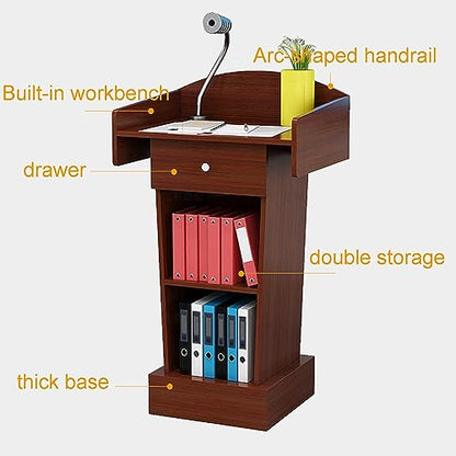 Portable Lectern Podium Stand with Spacious Drawer, Simple Design Density Board Laptop Desk, Open Storage for Office & Events - Adjustable Height, Durable & Lightweight - color: Red