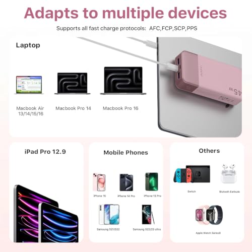 JUOVI Portable Charger 45W 20000mAh Fasting Charging Power Bank | USB C Portable Phone Charger, Battery Pack with PD 3.0 & QC 4.0 for Samsung S26/25/24 iPhone 17/16/15/14/13 Series - color: Pink