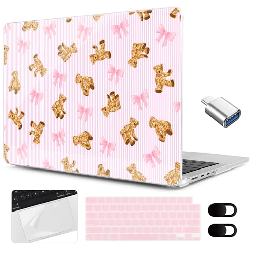 MEEgoodo Compatible with MacBook Pro 14 inch Case (M5/M4/M3/M2/M1) Pro/Max 2026 2025 2024 2023 2021, Case Fit Model A3427/A3426/A3434/A3112/A3401/A3185/A2918/A2992/A2779/A2442, Bear&Cute Ribbon - color: Bear&Cute Ribbon