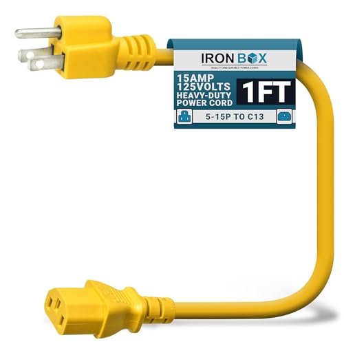 IronBox Electric - Heavy-Duty 5-15P to C13 Power Cord - 3 Prong 15A 125V 14/3 SJT PC Cable - Cord for Computer, Monitor, Subwoofer, Amplifier - Cable for Power Supply - (Yellow 1 Foot) - color: Yellow, size: 1 ft