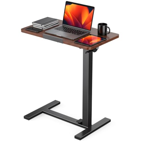DUMOS Overbed Table with Wheels, Height-Adjustable Bedside Table, Brown | Rolling standing desk with Pneumatic Lift, Portable mobile desk for Bed, Couch, Office, Sofa - color: Brown, size: 27.55*15.75*42.52inch