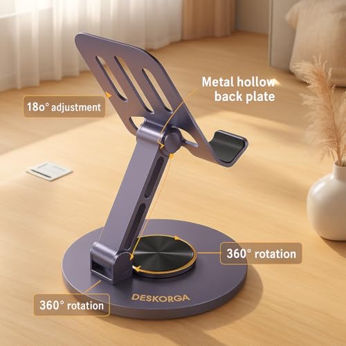 180°/360° Adjustable Rotating Desk Stand for Phone and Tablet, Metallic Lavender, Adjustable 180°/360°, Metal Base, for Office - Lavender