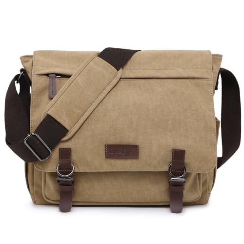 Large Vintage Canvas Messenger Shoulder Bag Travel Crossbody Purse Briefcase Business Bag for 15inch Laptop - color: Beige