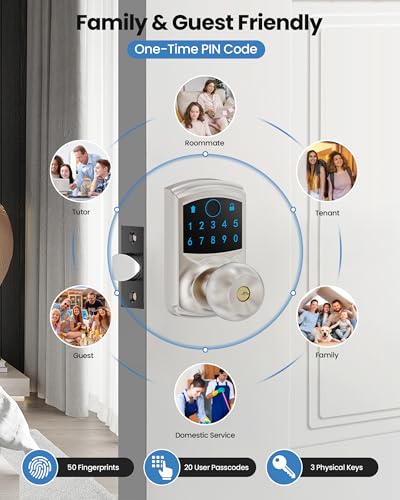 Smart Fingerprint Keyless Entry Door Knob Keypad Electronic Biometric Lock | 20 User Codes 50 Fingerprints Vacation & Passage Mode One-Time Code 2 Keys Auto-lock 2-99s Anti-peep Fits U.S. Standard Door - size: HL-669FK Satin Nickel