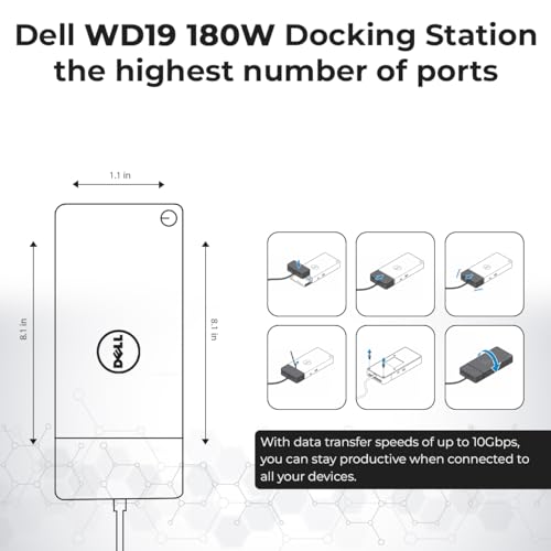 WD19 Dell Docking Station Dual Monitor - USB-C Dock with 180W Adapter, HDMI, DisplayPort, USB-C Cables - Dell Laptop Docking Station (Renewed)