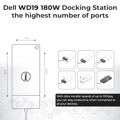 WD19 Dell Docking Station Dual Monitor - USB-C Dock with 180W Adapter, HDMI, DisplayPort, USB-C Cables - Dell Laptop Docking Station (Renewed)