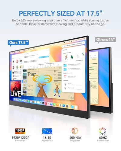 UPERFECT 17.5" Portable Monitor, 1920×1200 FHD 16:10 IPS Display | 125% sRGB, 400 Nits Brightness, USB-C & HDMI, Adjustable Stand, Eye Care Screen Extender for Laptop, MacBook & Gaming - size: 17.5"