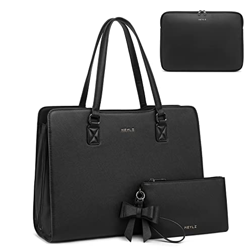Keyli 4pc Sets Laptop Bag for Women Large Leather Laptop Briefcase with USB Charging Port Computer Shoulder tote Bags Purse - color: Black_2