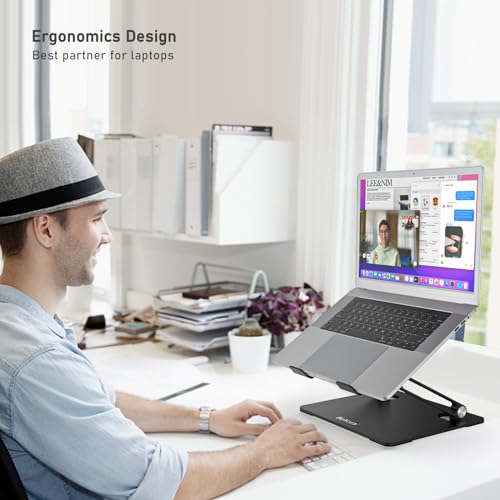 BoYata Laptop Stand, Adjustable Metal Desktop Riser, Up to 15 Inches, Black | Slide-Proof Silicone Pads and Protective Hooks Provide Stable Support for MacBook, Notebooks and Laptops up to 15 Inches - color: Black