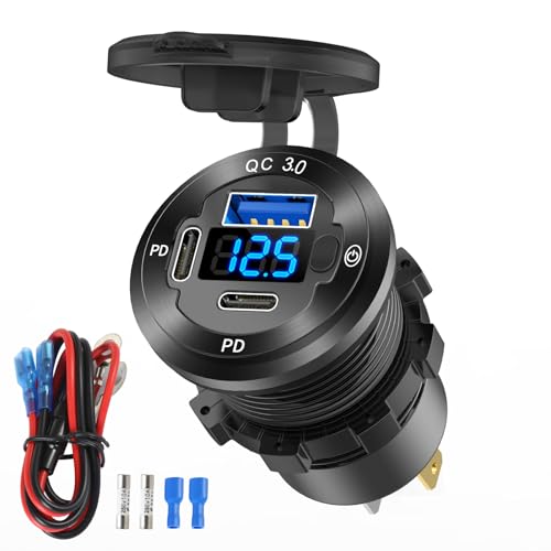 12V USB Outlet 3 Port Car Charger Socket, 78W Dual PD USB C 30W and Quick Charge3.0 Port Aluminum Charger Waterproof with Voltmeter and Button Switch for Boat Marine Motorcycle RV Truck Golf Cart, etc - color: Pack of 1